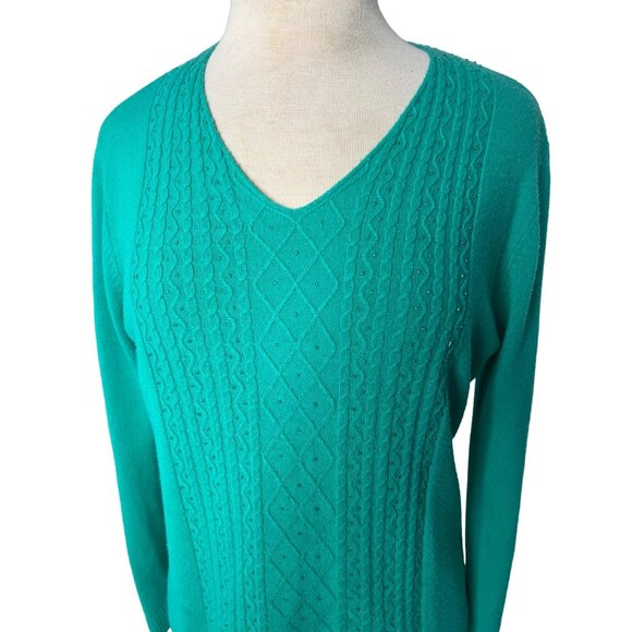 Classic Elements Women’s sweater size large (14-16) Green sequins cable knit - Picture 7 of 14
